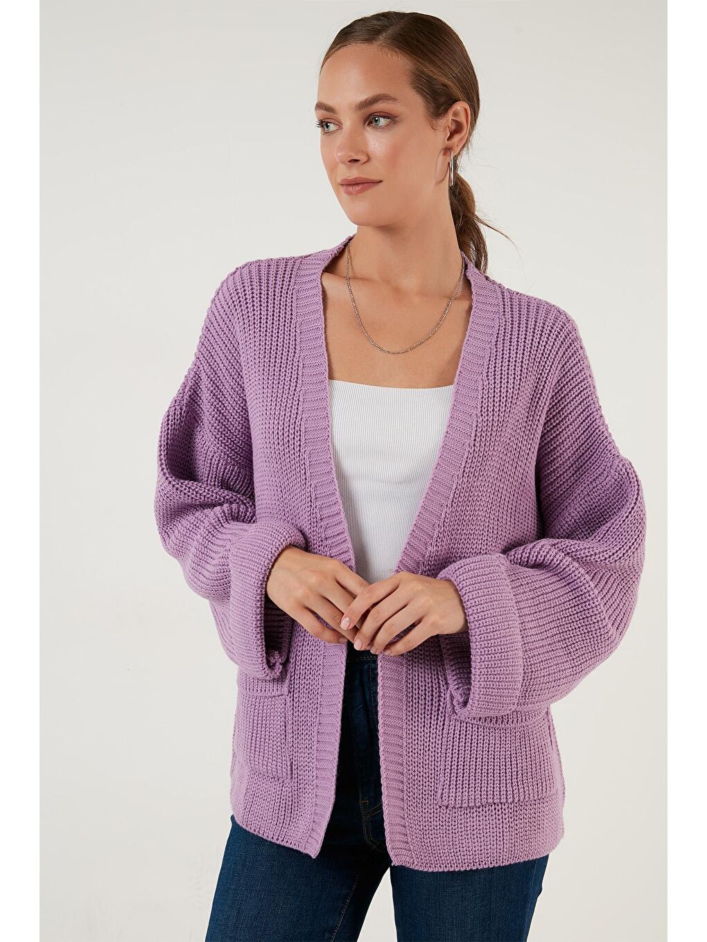 Lila Cepli Geniş Kollu Örme Hırka 4616103-4