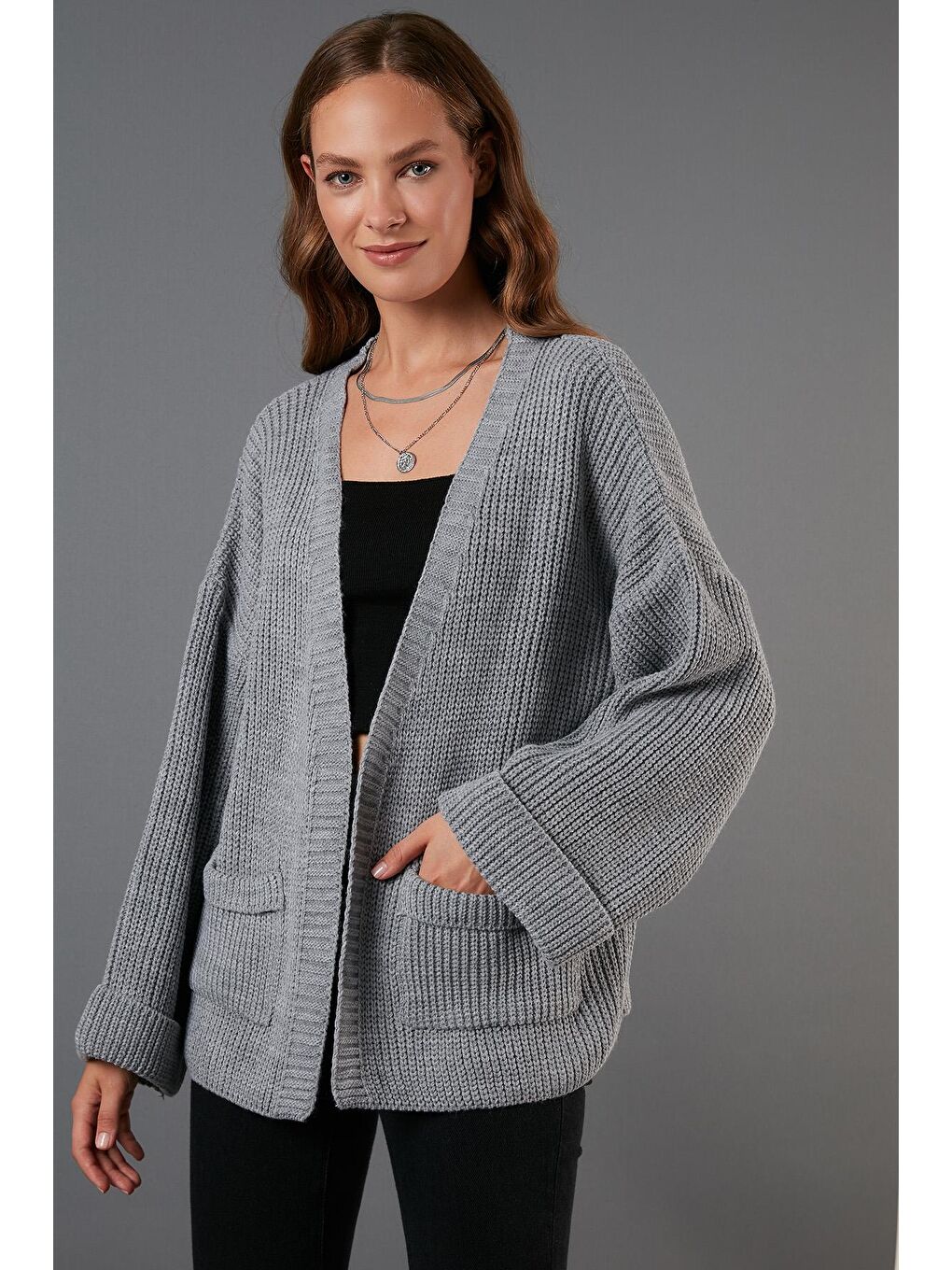 Gri Cepli Geniş Kollu Örme Hırka 4616103