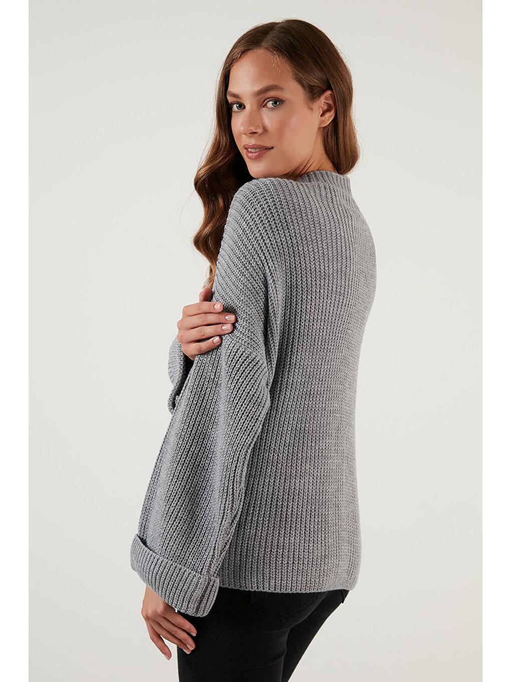 Gri Cepli Geniş Kollu Örme Hırka 4616103-2
