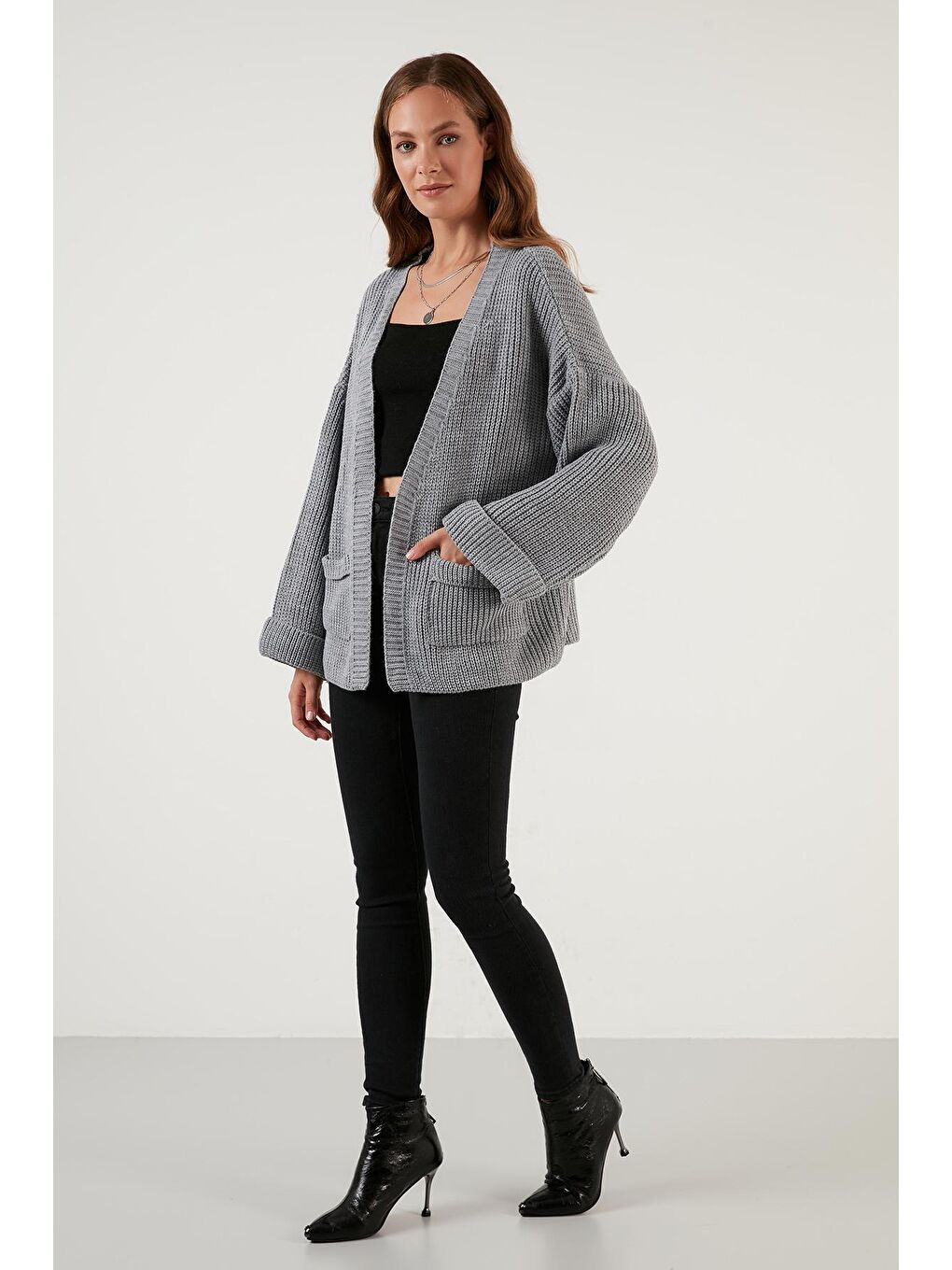 Gri Cepli Geniş Kollu Örme Hırka 4616103-3