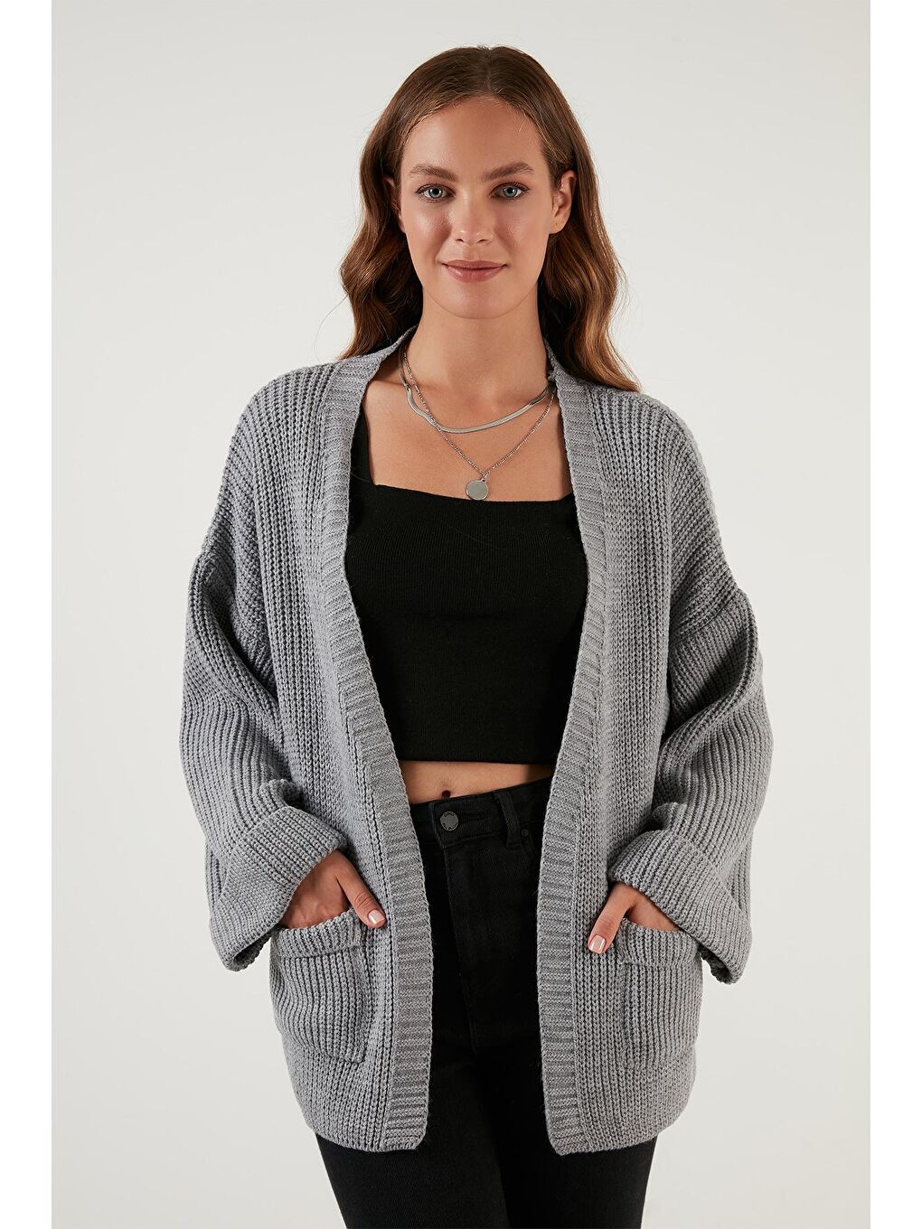 Gri Cepli Geniş Kollu Örme Hırka 4616103-4