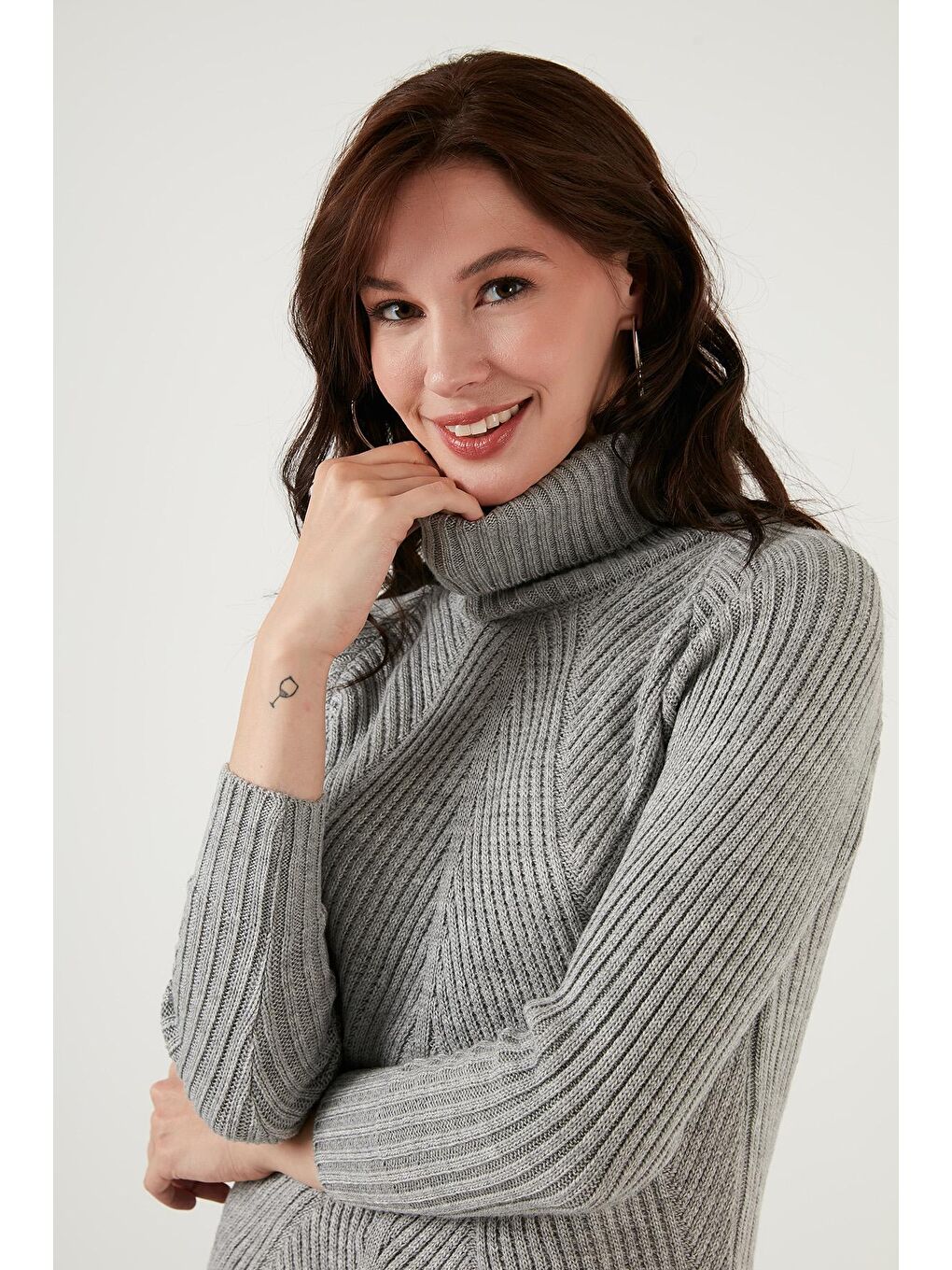 Gri Balıkçı Yaka Örme Uzun Triko Kadın Kazak 4616106