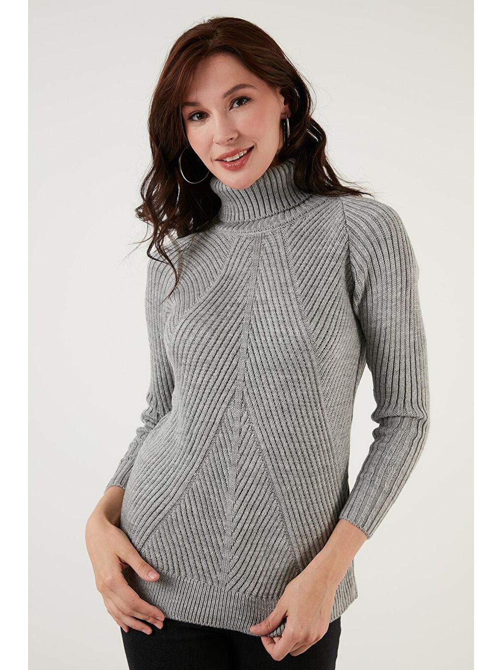 Gri Balıkçı Yaka Örme Uzun Triko Kadın Kazak 4616106-1