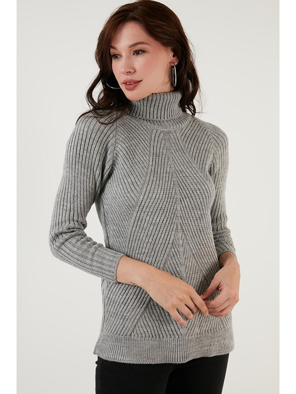 Gri Balıkçı Yaka Örme Uzun Triko Kadın Kazak 4616106-2