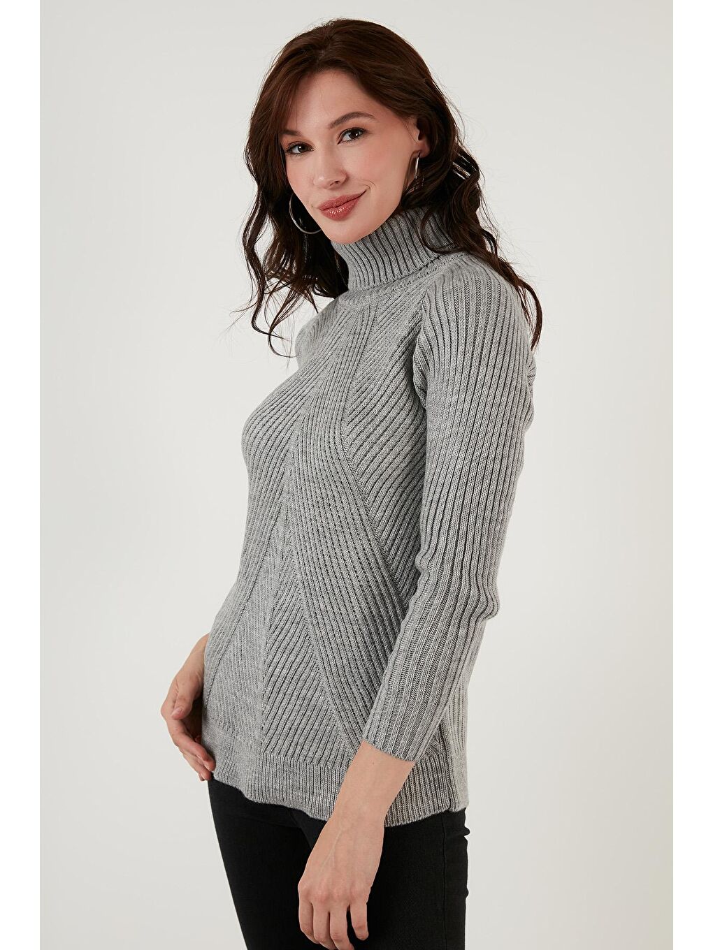 Gri Balıkçı Yaka Örme Uzun Triko Kadın Kazak 4616106-3