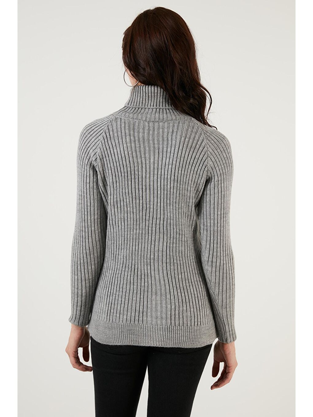 Gri Balıkçı Yaka Örme Uzun Triko Kadın Kazak 4616106-4