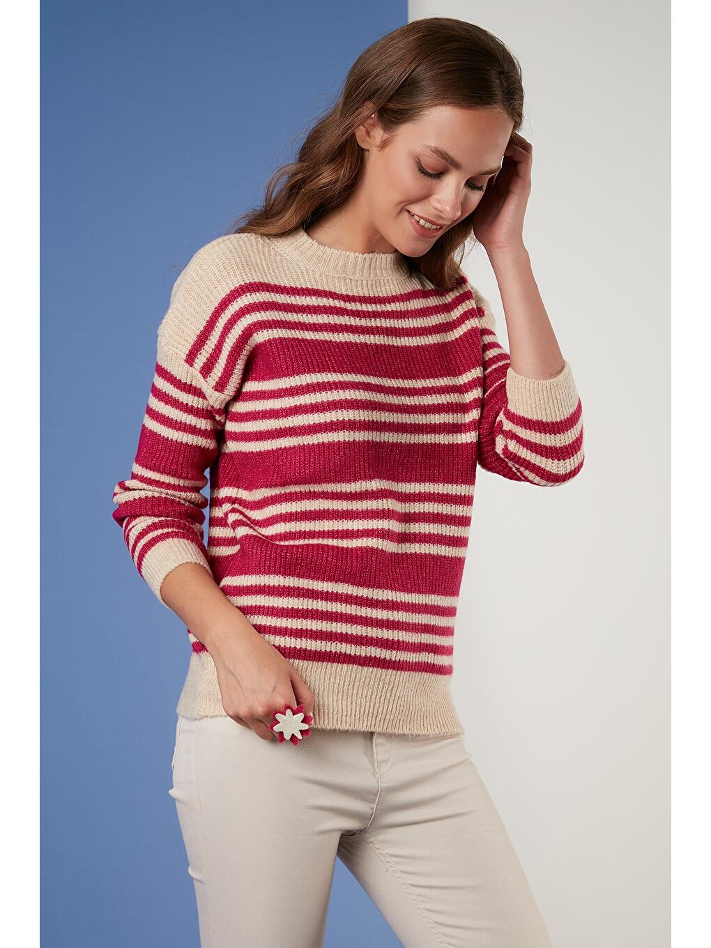 Fuşya Çizgili Sıfır Yaka Örme Kazak 4616115