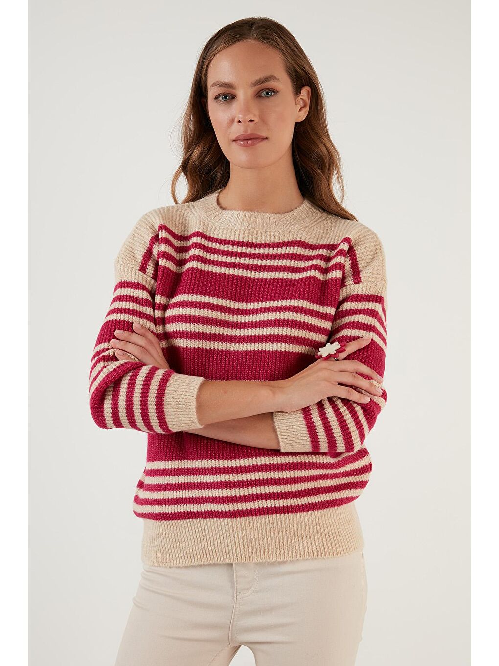 Fuşya Çizgili Sıfır Yaka Örme Kazak 4616115-1