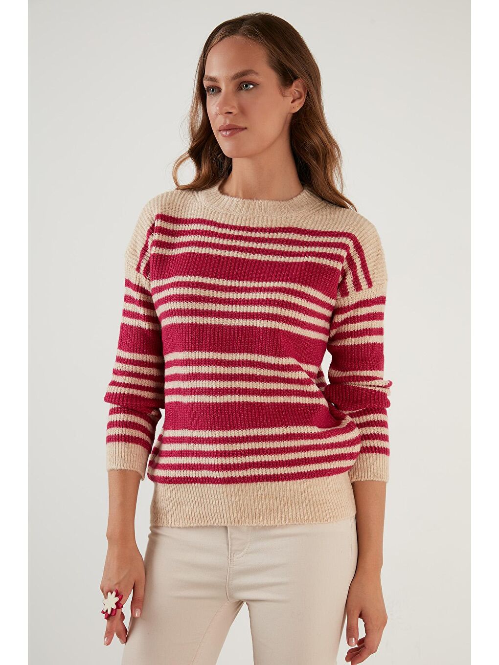 Fuşya Çizgili Sıfır Yaka Örme Kazak 4616115-3