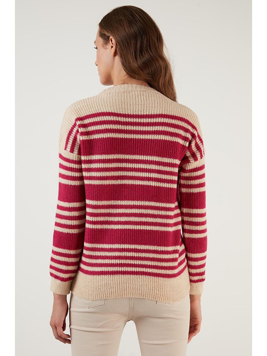 Fuşya Çizgili Sıfır Yaka Örme Kazak 4616115-4