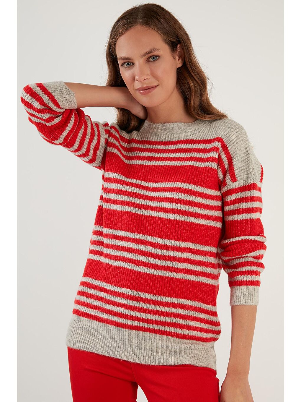 Gri Çizgili Sıfır Yaka Örme Kazak 4616115-3