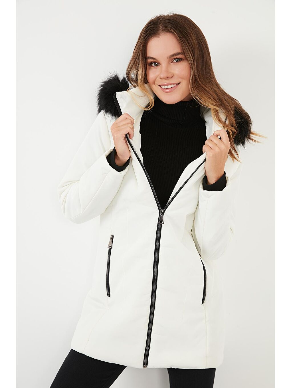 Ekru Slim Fit Suni Tüylü Çıkarılabilir Kapüşonlu Kaban 497DEFNE21-1