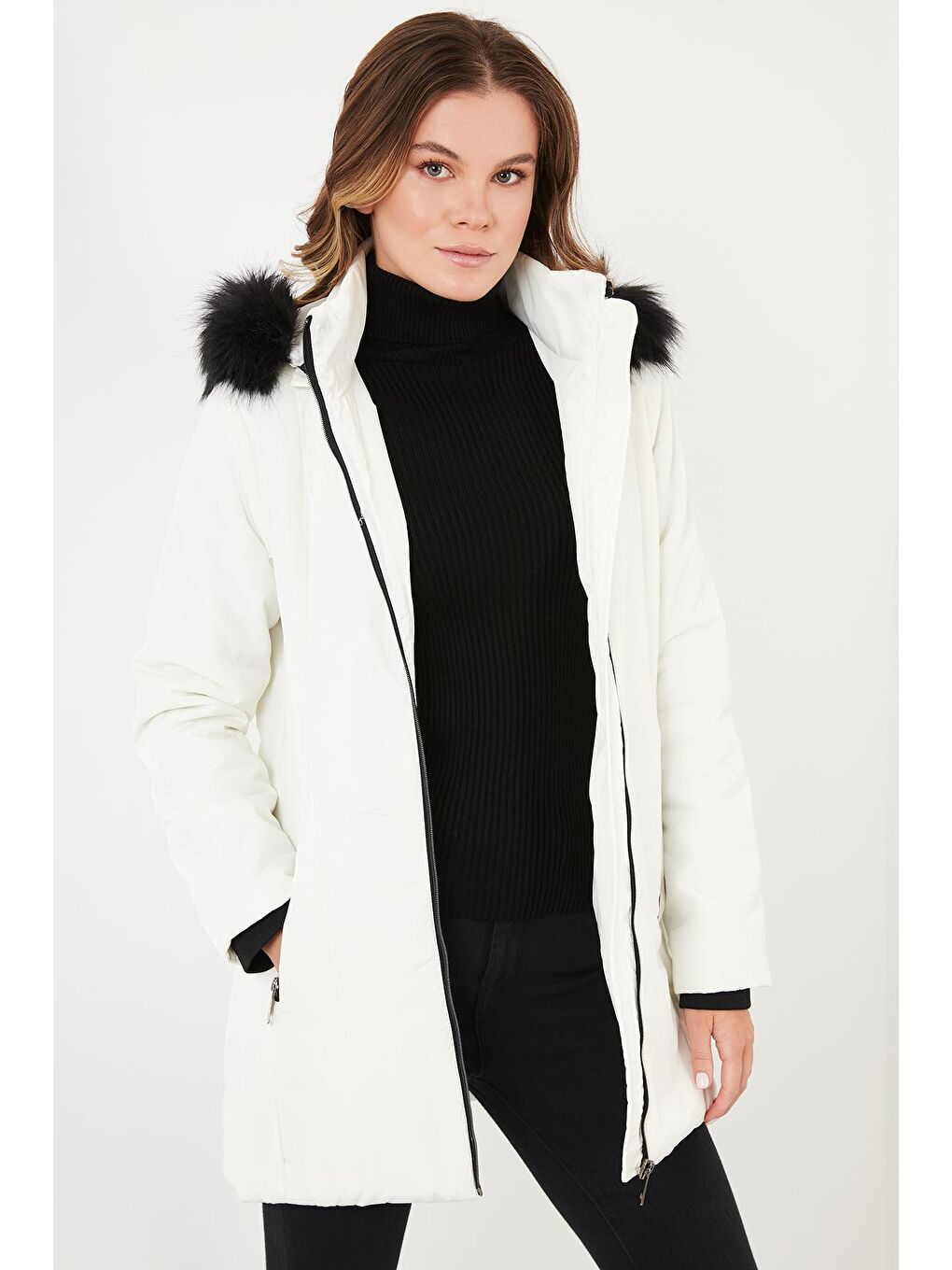 Ekru Slim Fit Suni Tüylü Çıkarılabilir Kapüşonlu Kaban 497DEFNE21-2