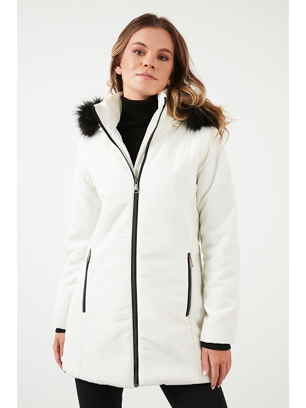 Ekru Slim Fit Suni Tüylü Çıkarılabilir Kapüşonlu Kaban 497DEFNE21-3