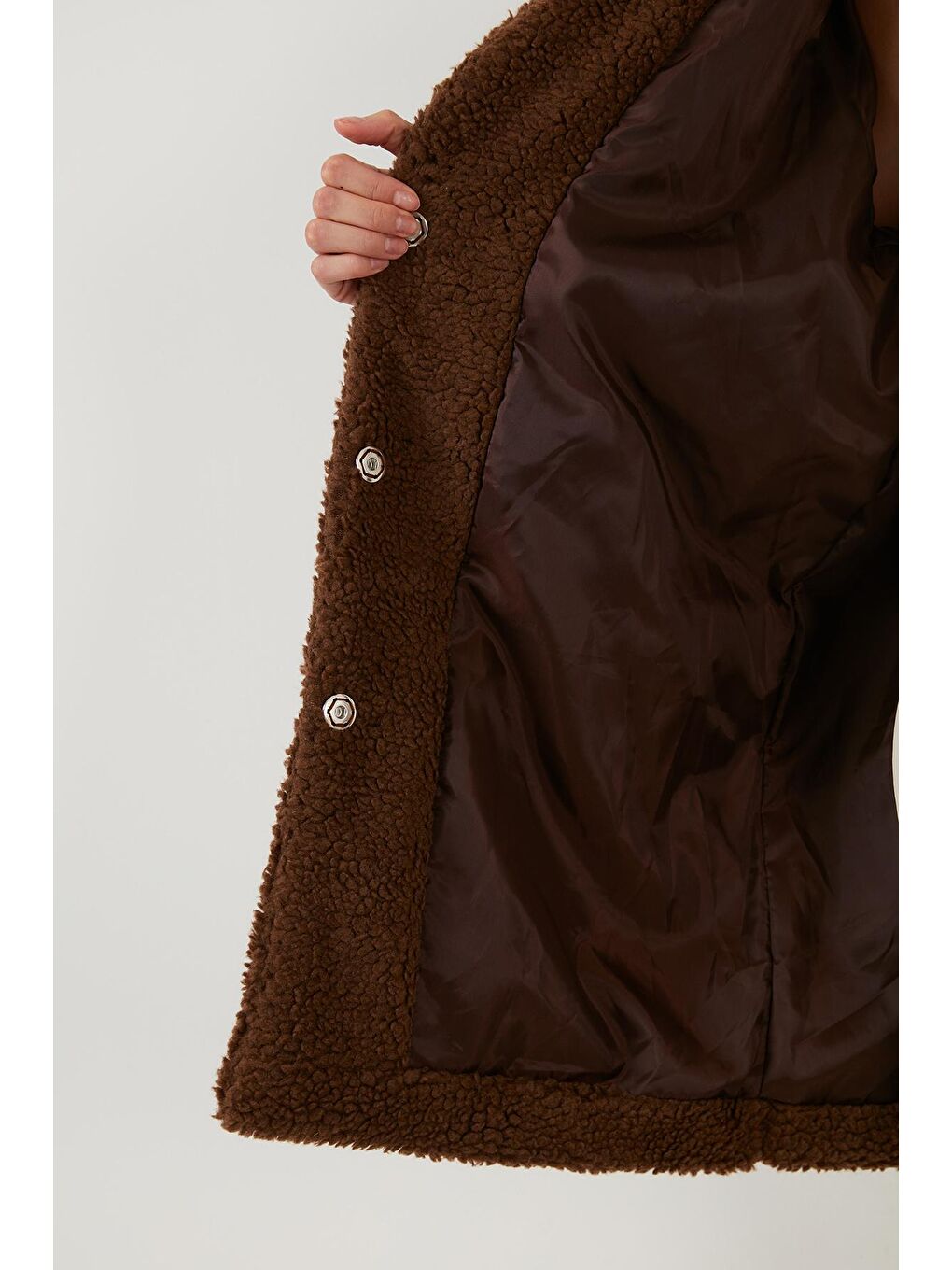 Kahverengi Oversize Astarlı Cepli Peluş Teddy Kaban 497TEDDY-4