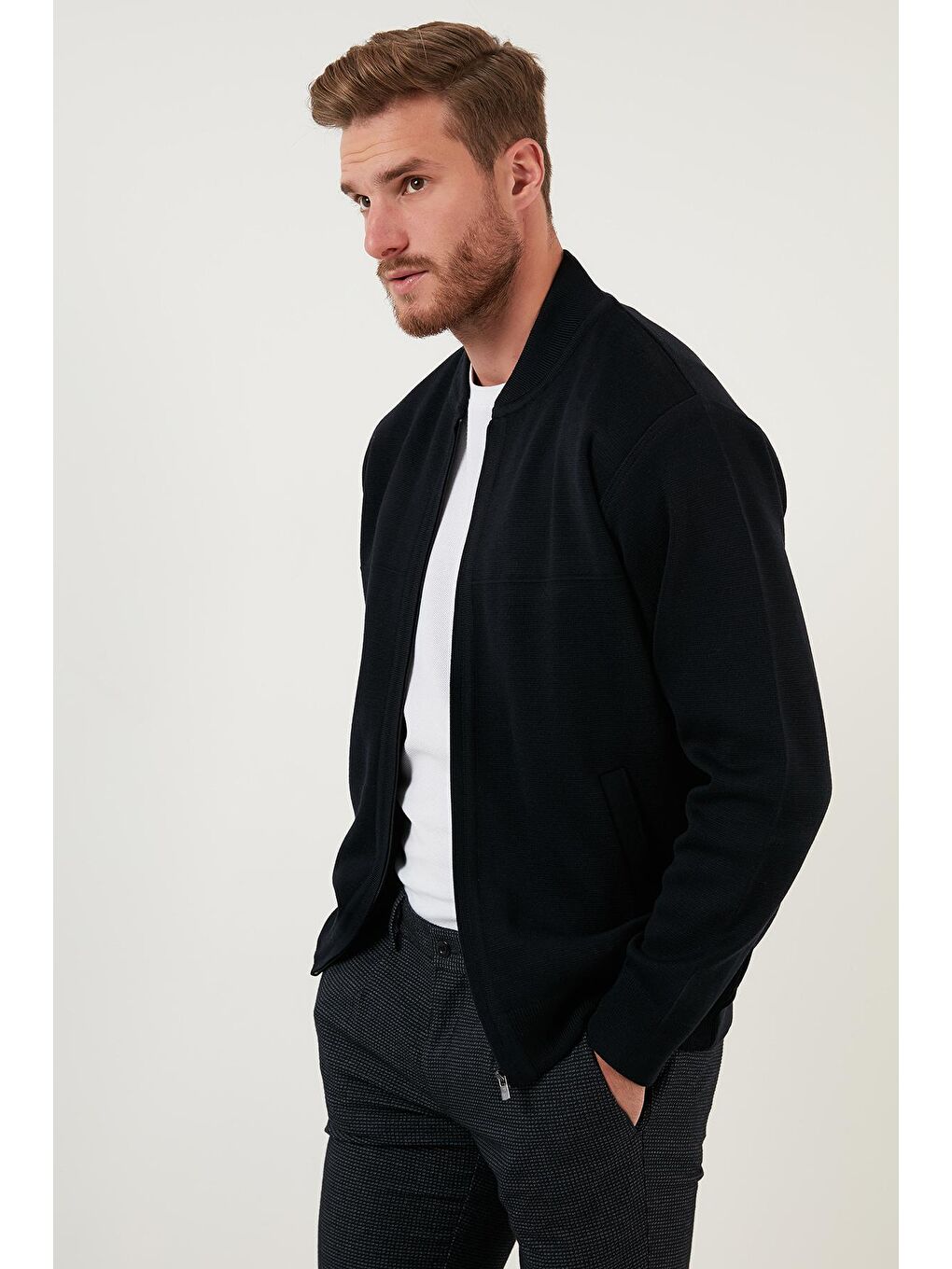 Lacivert Yünlü Cepli Kolej Yaka Fermuarlı Örme Triko Mont 518MONT-1