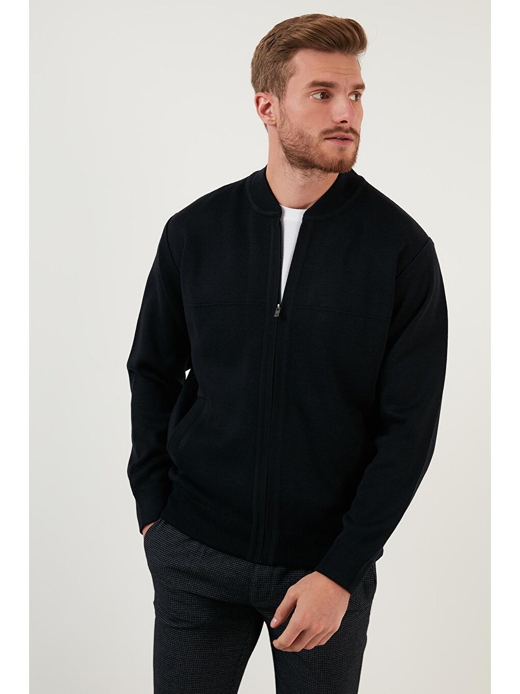 Lacivert Yünlü Cepli Kolej Yaka Fermuarlı Örme Triko Mont 518MONT-2