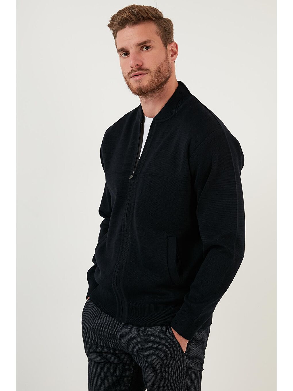 Lacivert Yünlü Cepli Kolej Yaka Fermuarlı Örme Triko Mont 518MONT-3