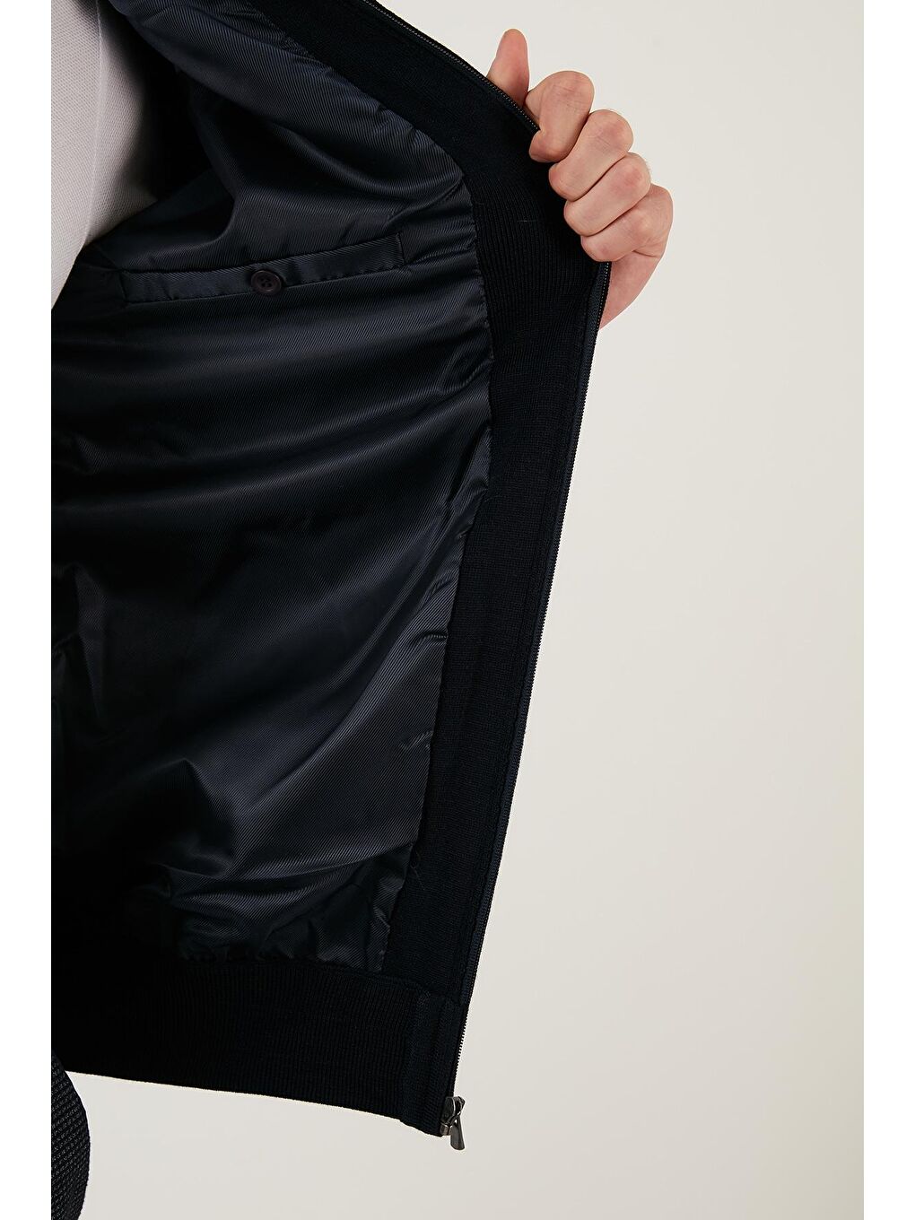 Lacivert Yünlü Cepli Kolej Yaka Fermuarlı Örme Triko Mont 518MONT-4