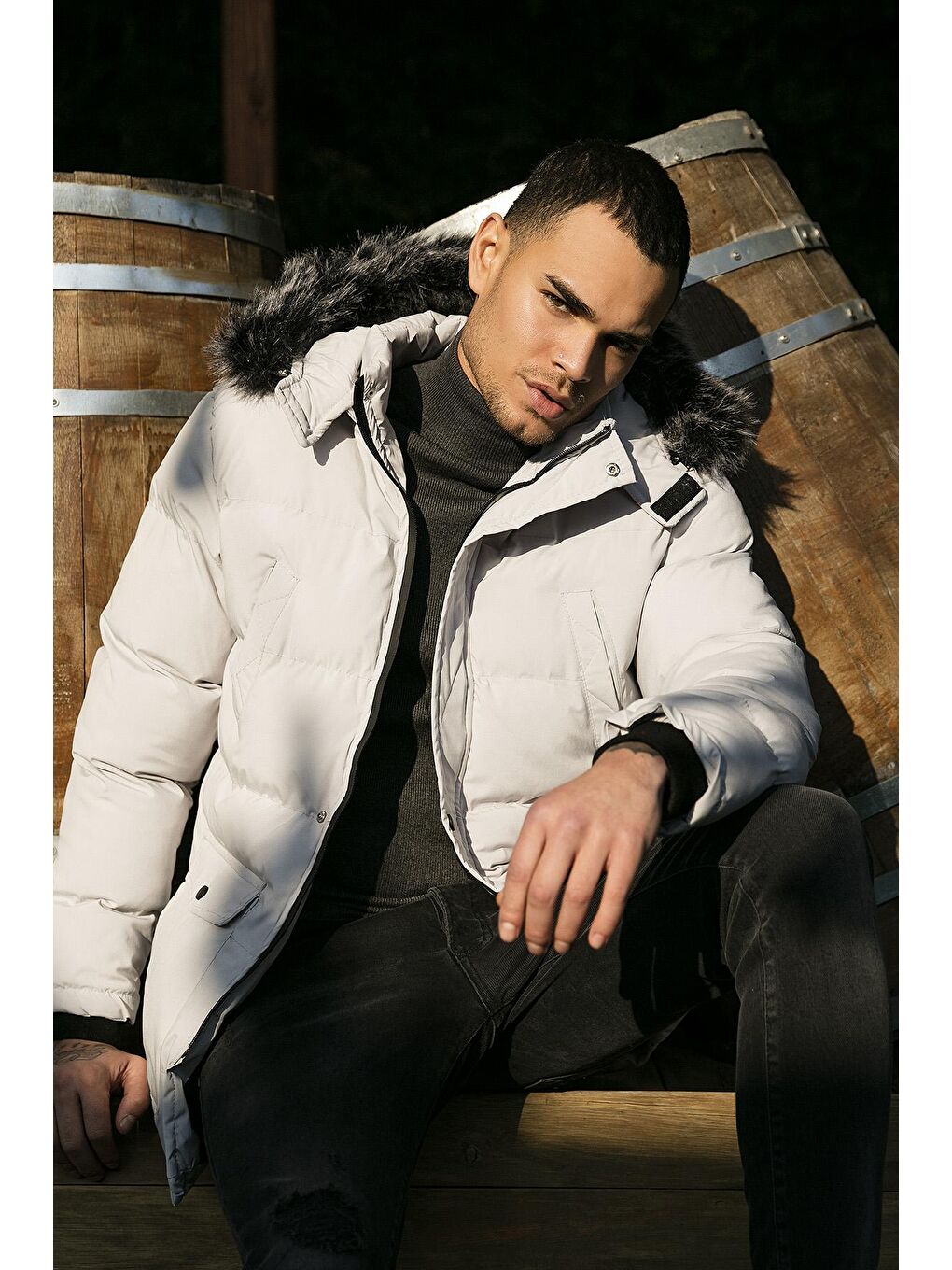 Gri Peluş Astarlı Yakası Tüylü Çıkarılabilir Kapüşonlu Slim Fit Şişme Mont 5711437-1