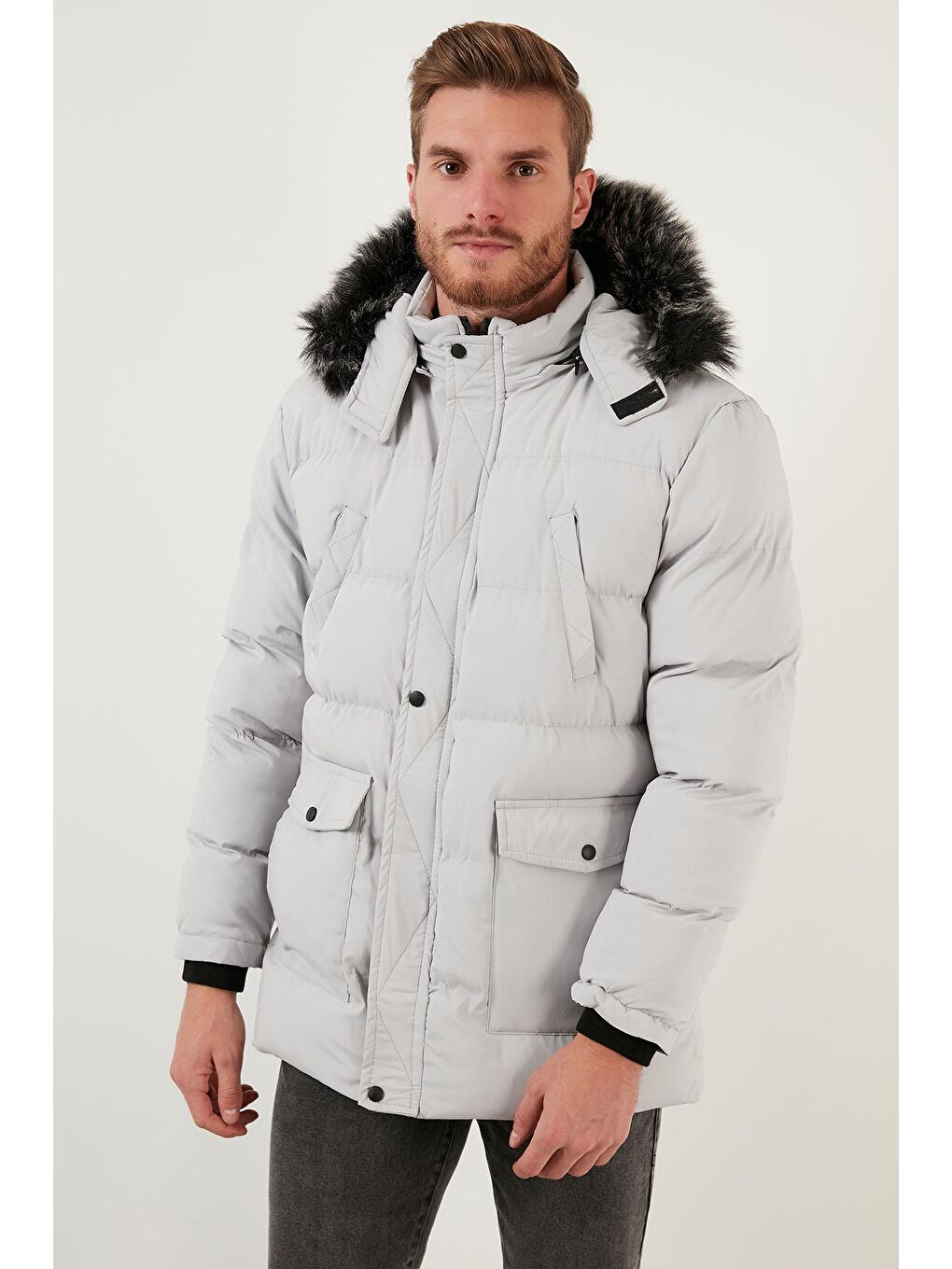 Gri Peluş Astarlı Yakası Tüylü Çıkarılabilir Kapüşonlu Slim Fit Şişme Mont 5711437-3