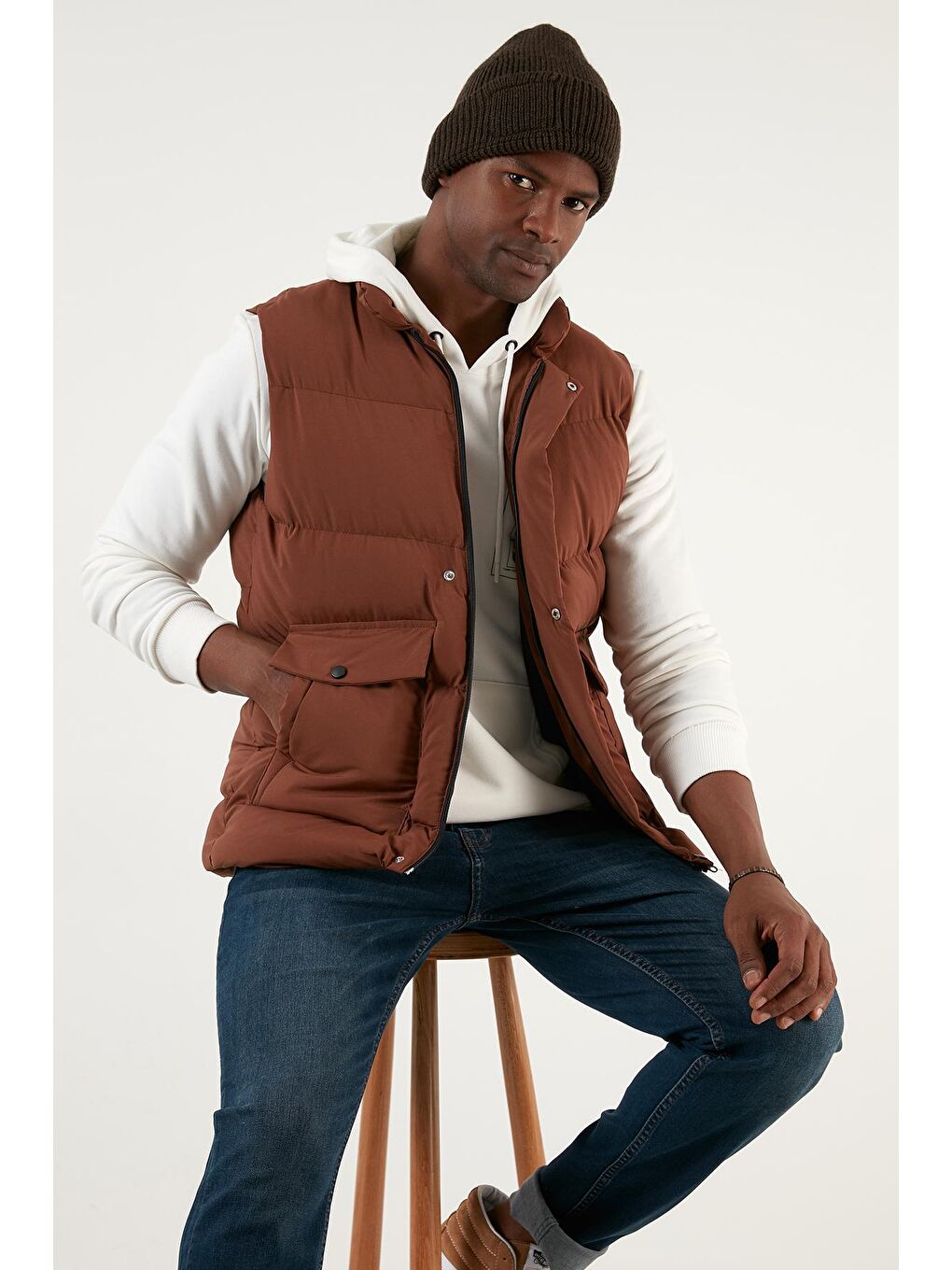 Kahverengi Slim Fit Cepli Dik Yaka Şişme Yelek 5711455