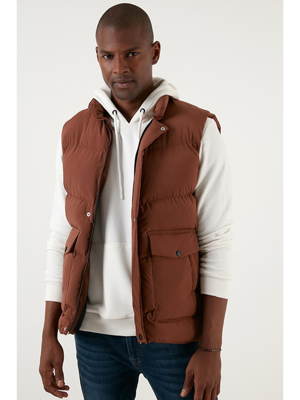 Kahverengi Slim Fit Cepli Dik Yaka Şişme Yelek 5711455-1