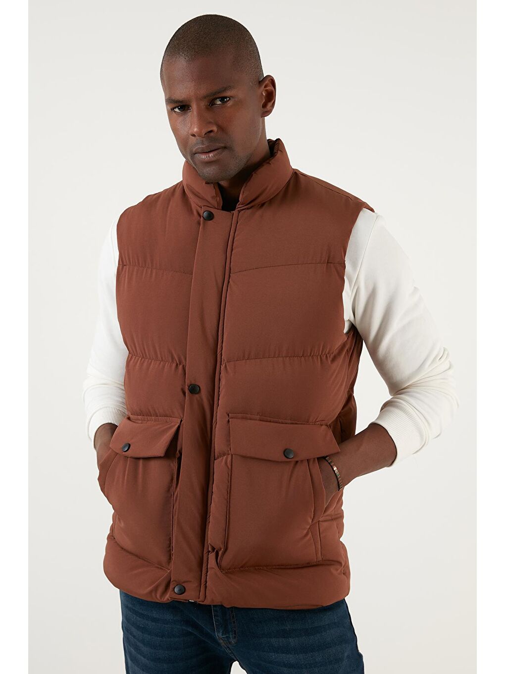 Kahverengi Slim Fit Cepli Dik Yaka Şişme Yelek 5711455-2