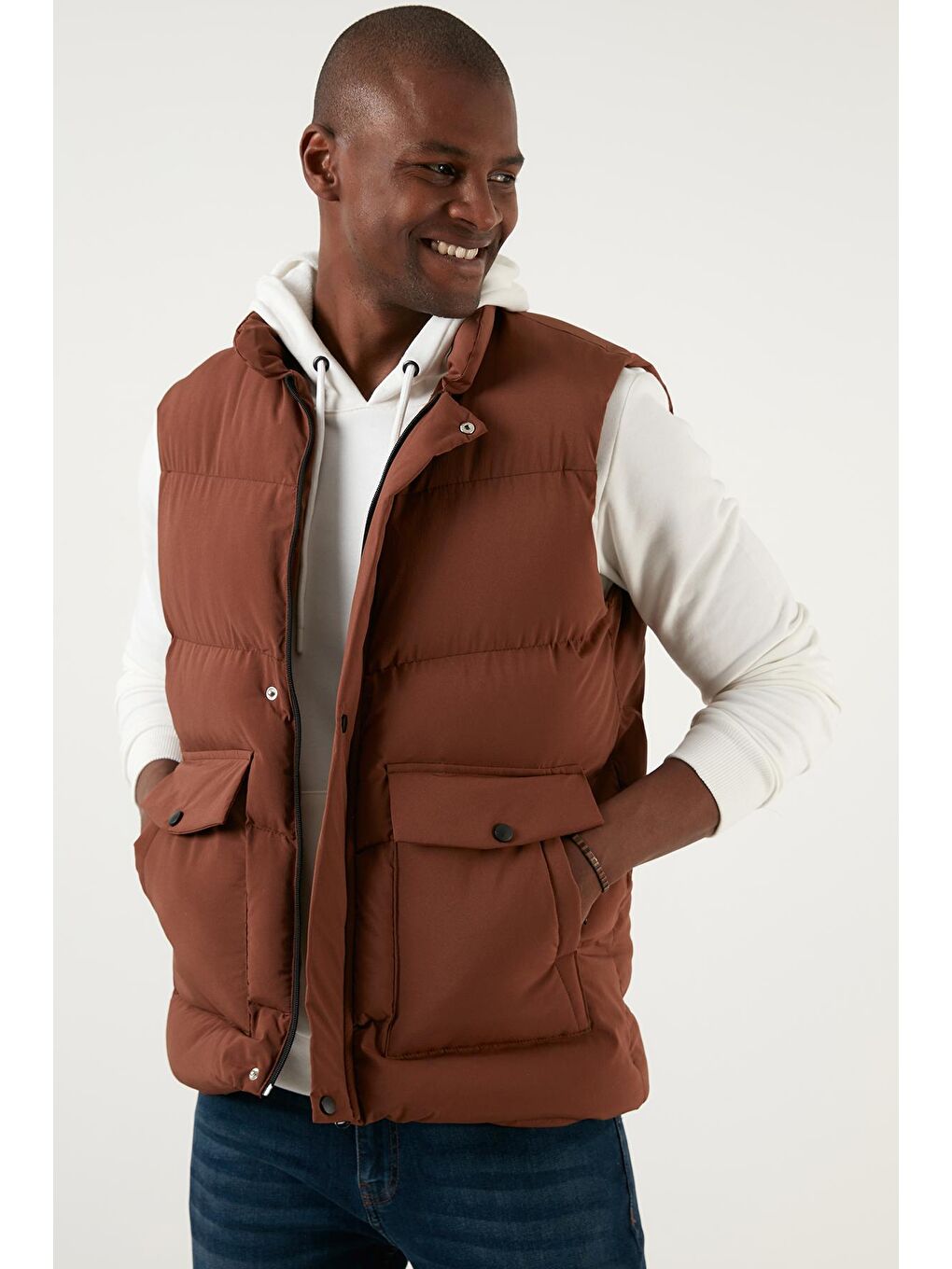 Kahverengi Slim Fit Cepli Dik Yaka Şişme Yelek 5711455-3