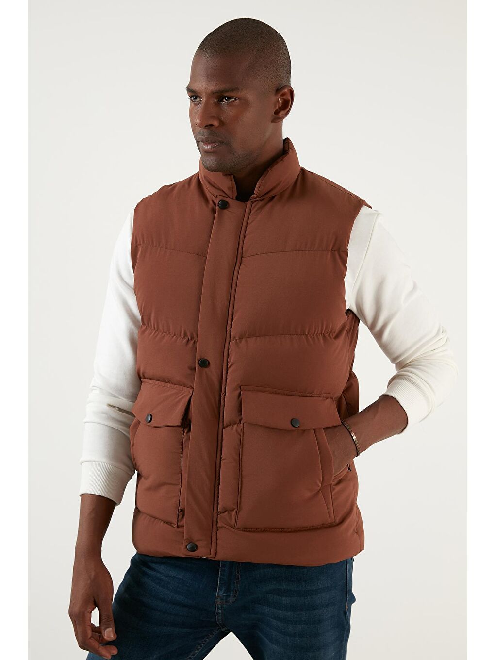 Kahverengi Slim Fit Cepli Dik Yaka Şişme Yelek 5711455-4
