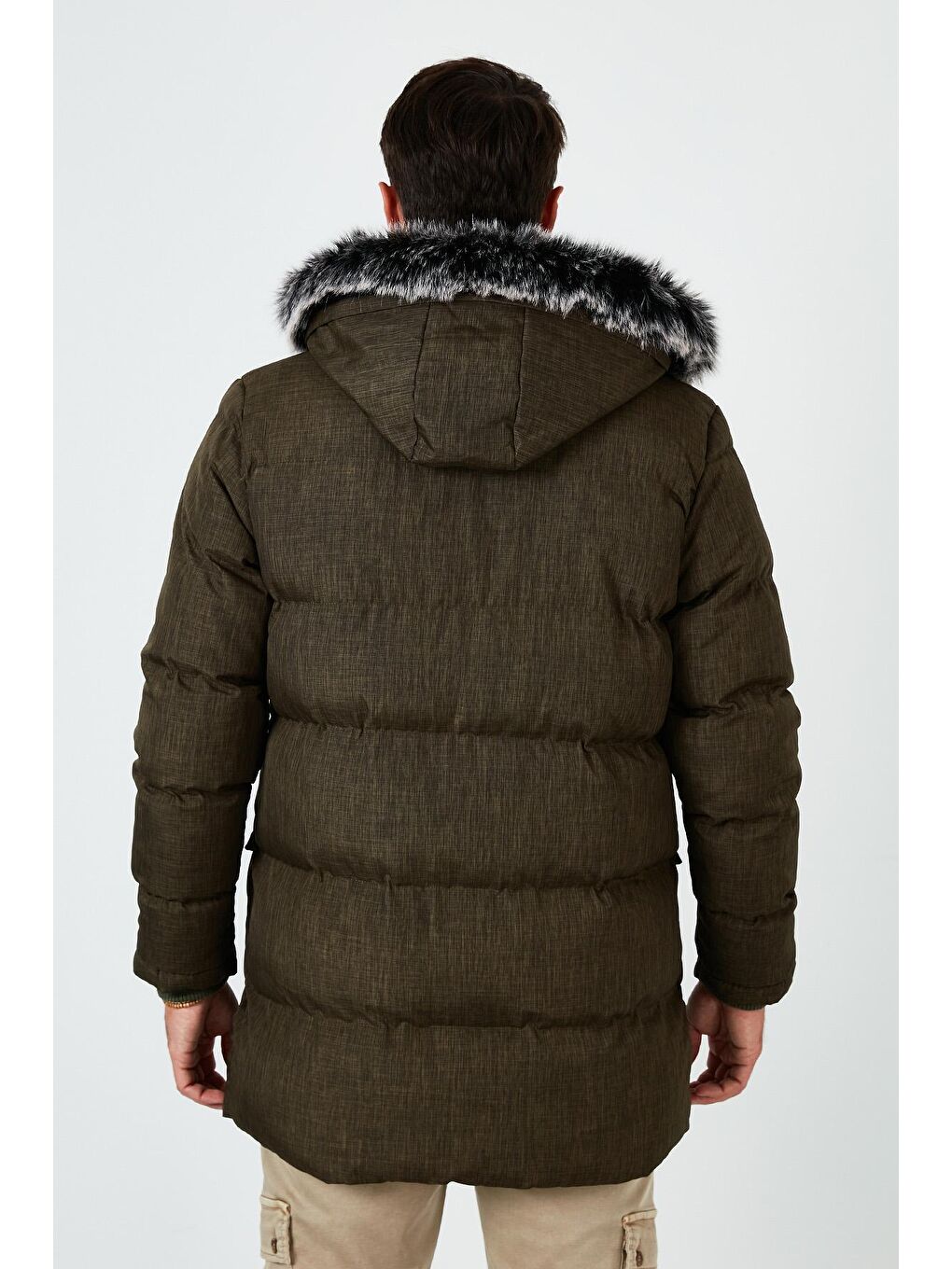 Haki Slim Fit Suni Kürklü Peluş Astarlı Çıkarılabilir Kapüşonlu Şişme Mont 5760001-4