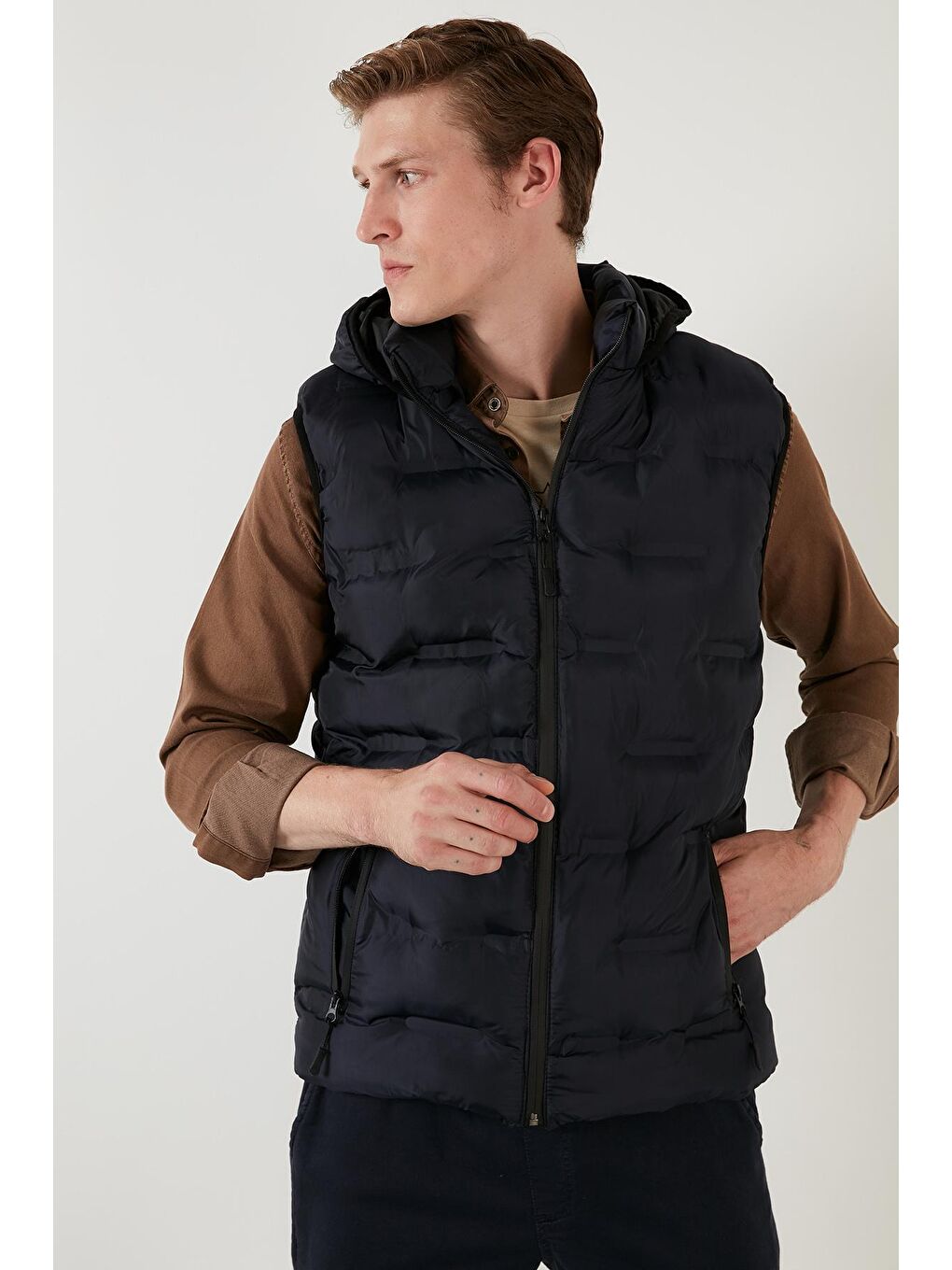 Lacivert Fermuarlı Cepli Kapüşonlu Şişme Yelek 5760066