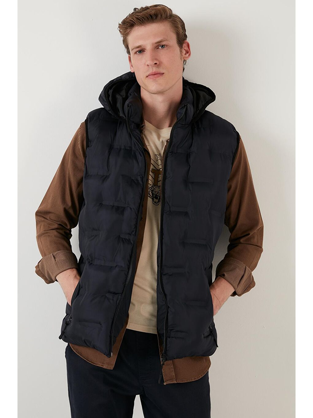 Lacivert Fermuarlı Cepli Kapüşonlu Şişme Yelek 5760066-2