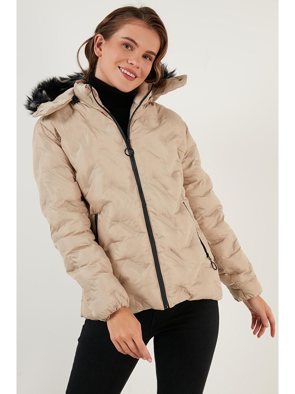 Gri Yakası Suni Kürklü Çıkarılabilir Kapüşonlu Dik Yaka Mont 5760089