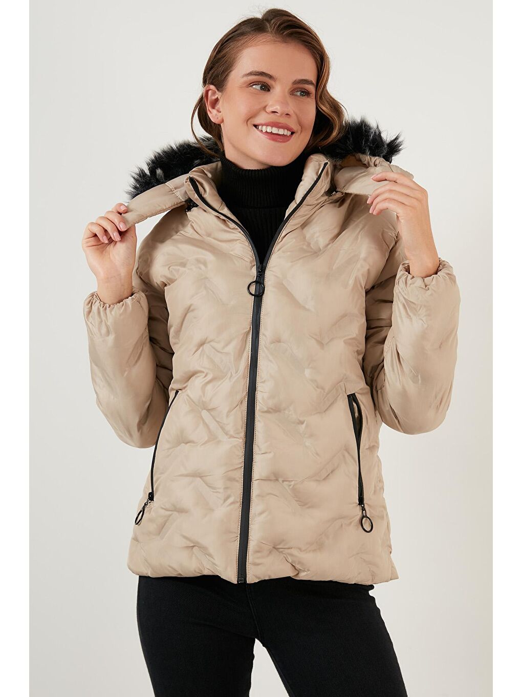 Gri Yakası Suni Kürklü Çıkarılabilir Kapüşonlu Dik Yaka Mont 5760089-1