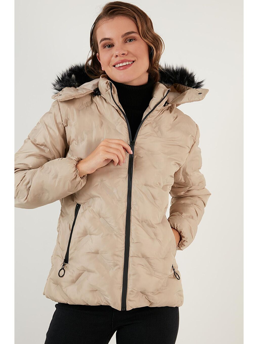 Gri Yakası Suni Kürklü Çıkarılabilir Kapüşonlu Dik Yaka Mont 5760089-3