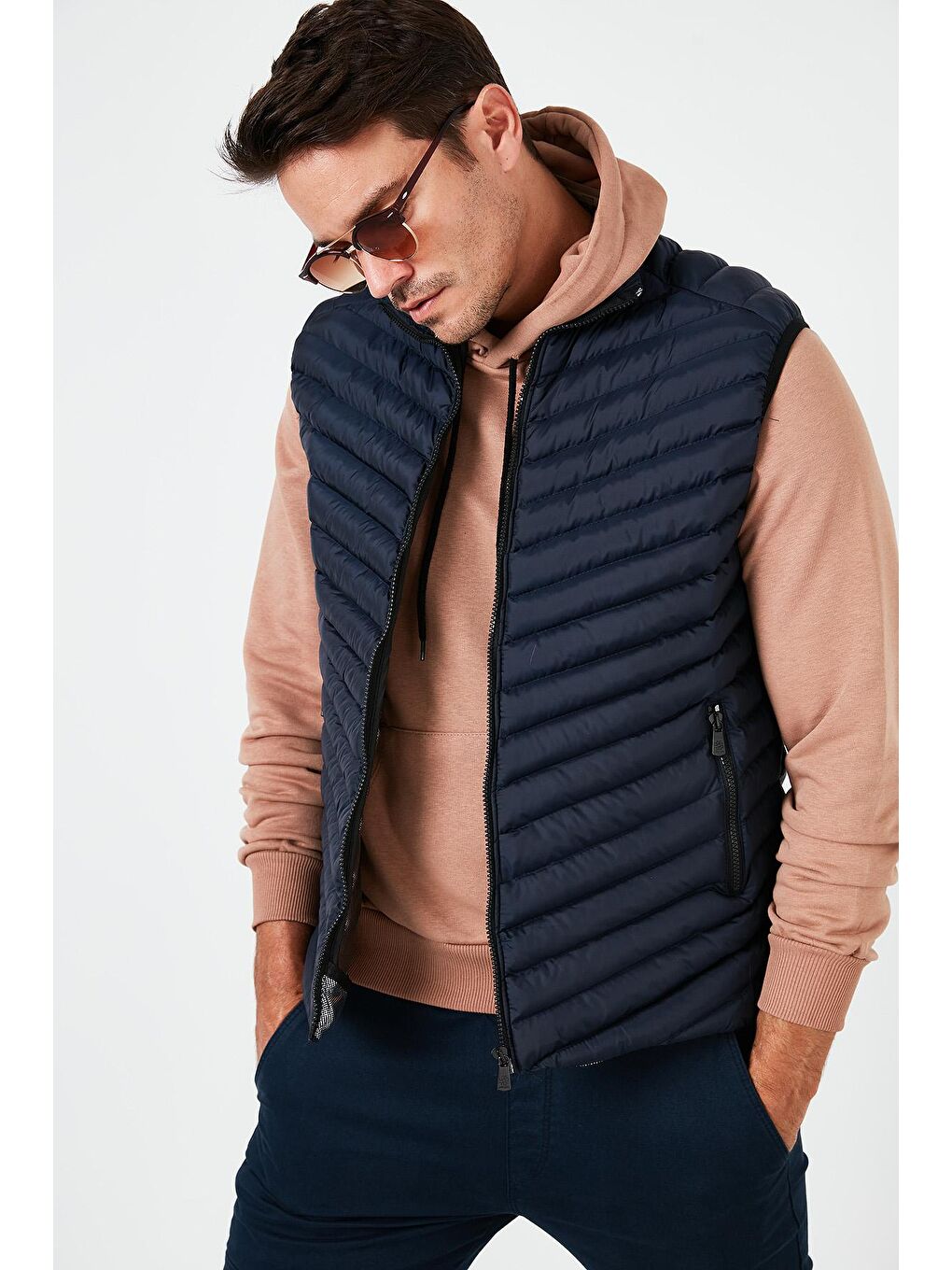 Lacivert Fermuarlı Dik Yaka Kapitone Şişme Erkek Yelek 5852004