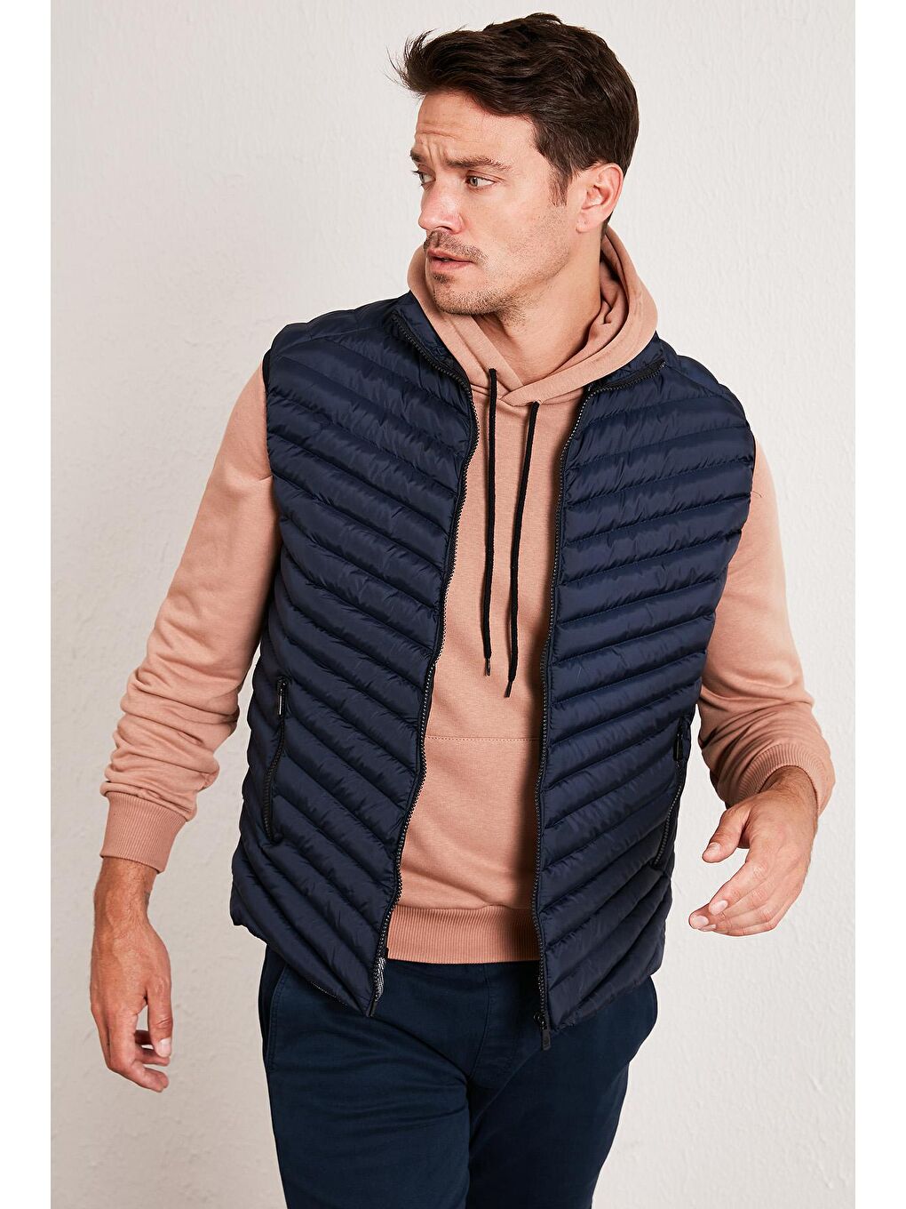 Lacivert Fermuarlı Dik Yaka Kapitone Şişme Erkek Yelek 5852004-2