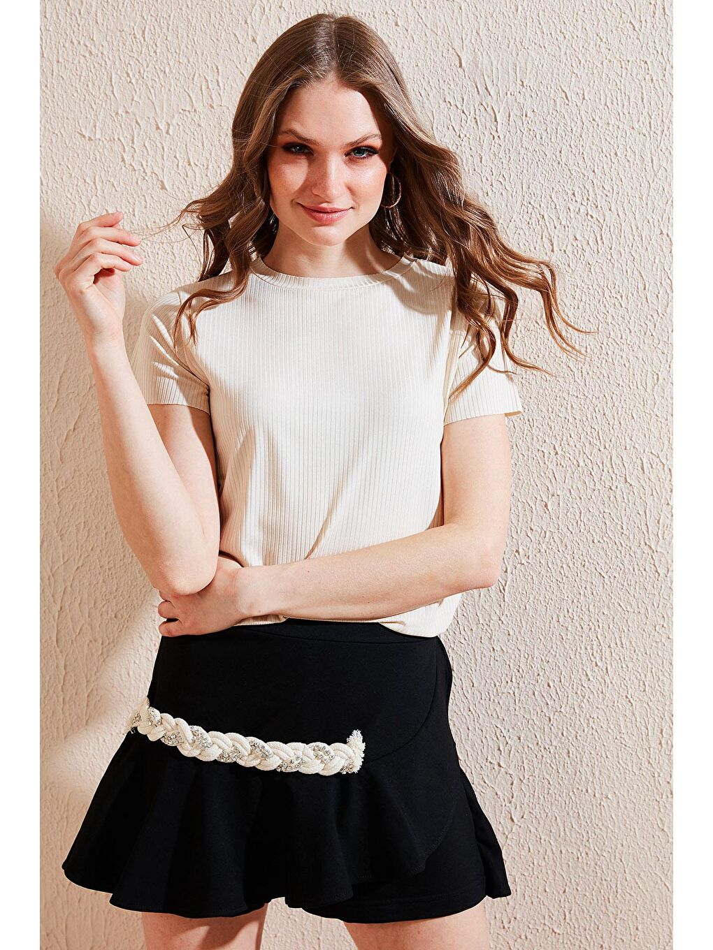 Gri Bisiklet Yaka Yırtmaç Detaylı Bluz 5863431