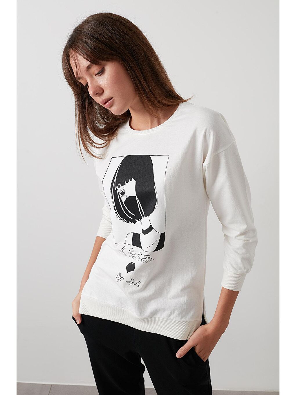 Ekru Pamuklu Baskılı Bisiklet Yaka Örme Tunik 5863849-1