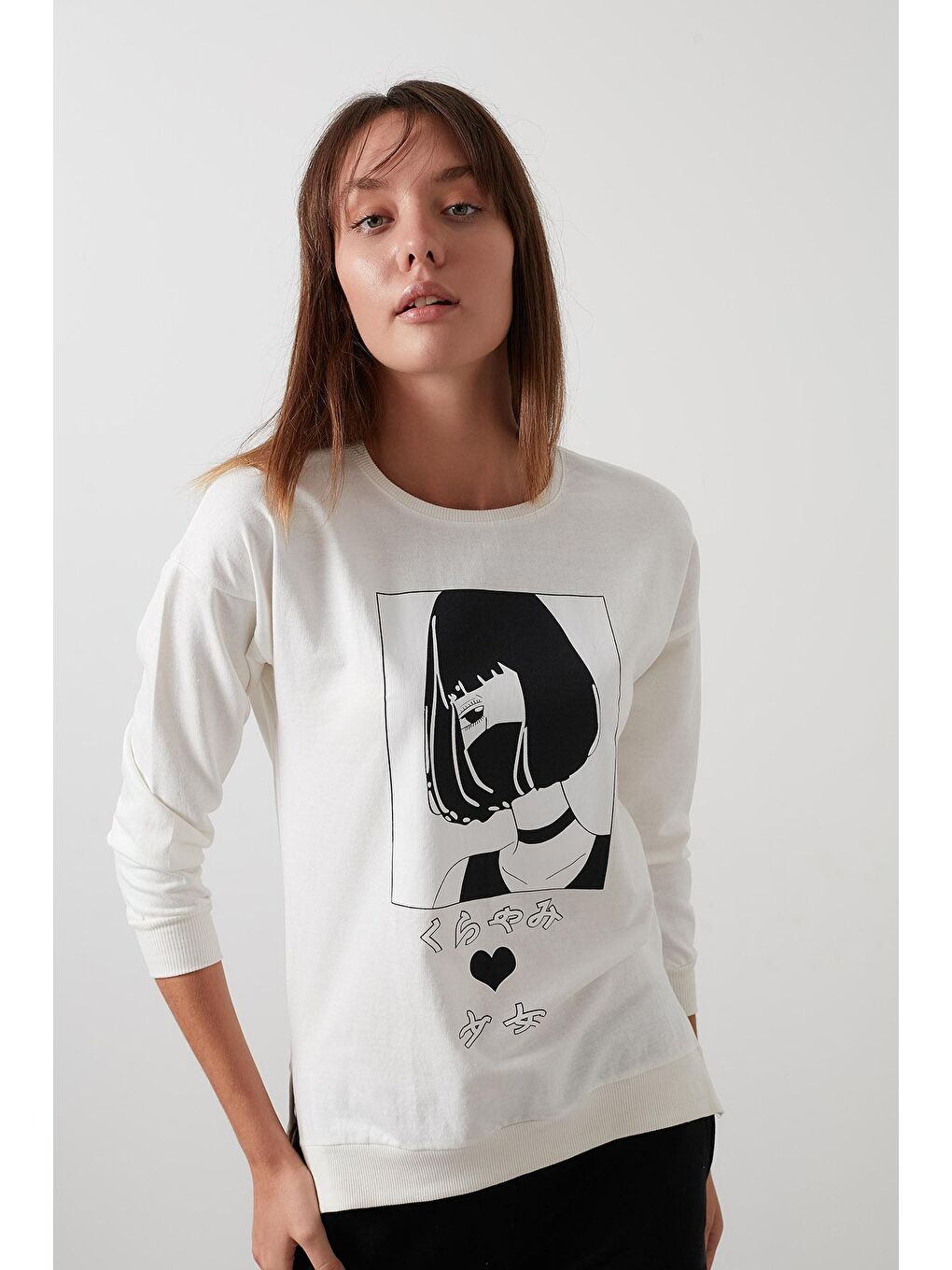 Ekru Pamuklu Baskılı Bisiklet Yaka Örme Tunik 5863849-2