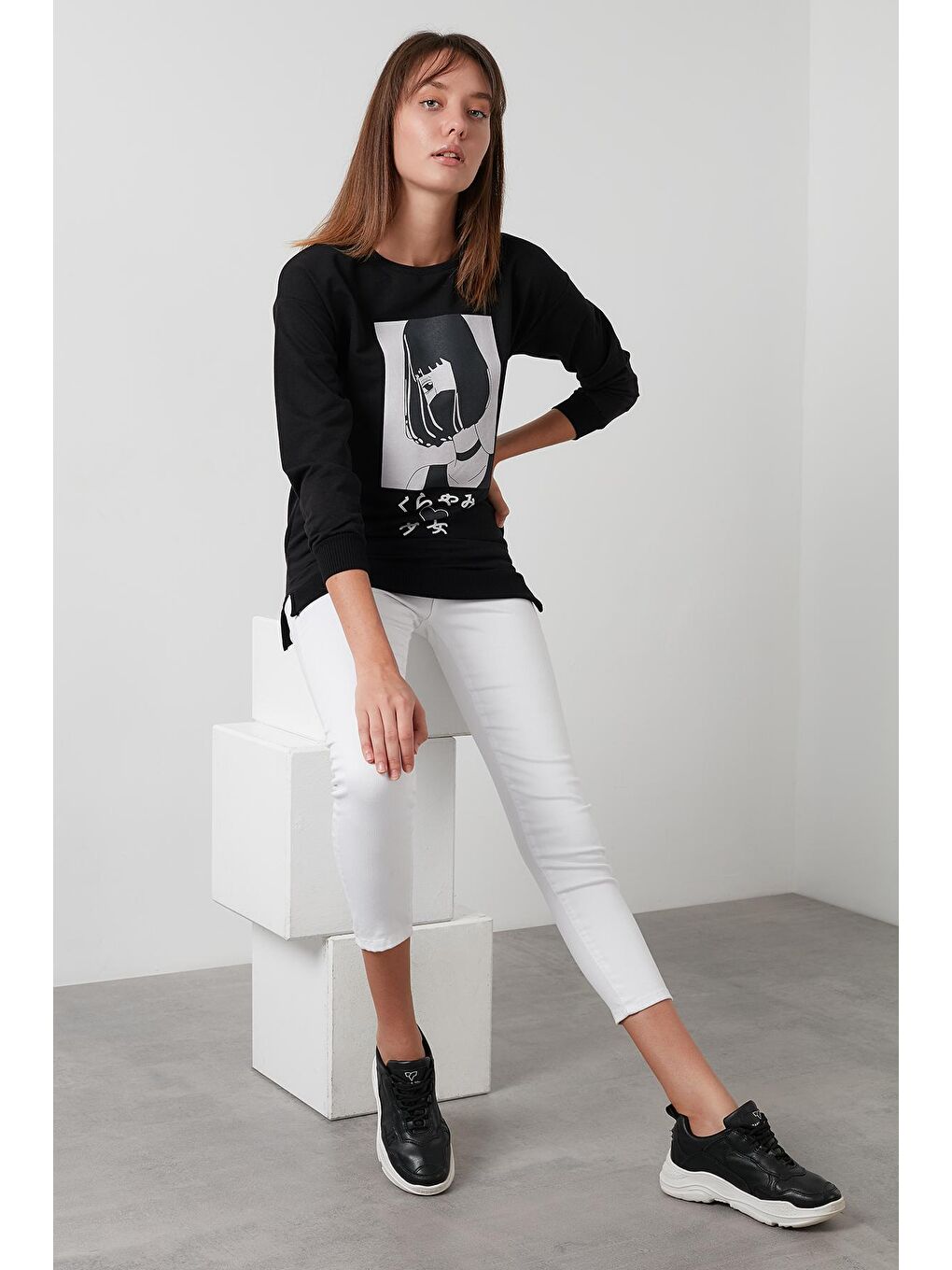 Siyah Pamuklu Baskılı Bisiklet Yaka Örme Tunik 5863849-1