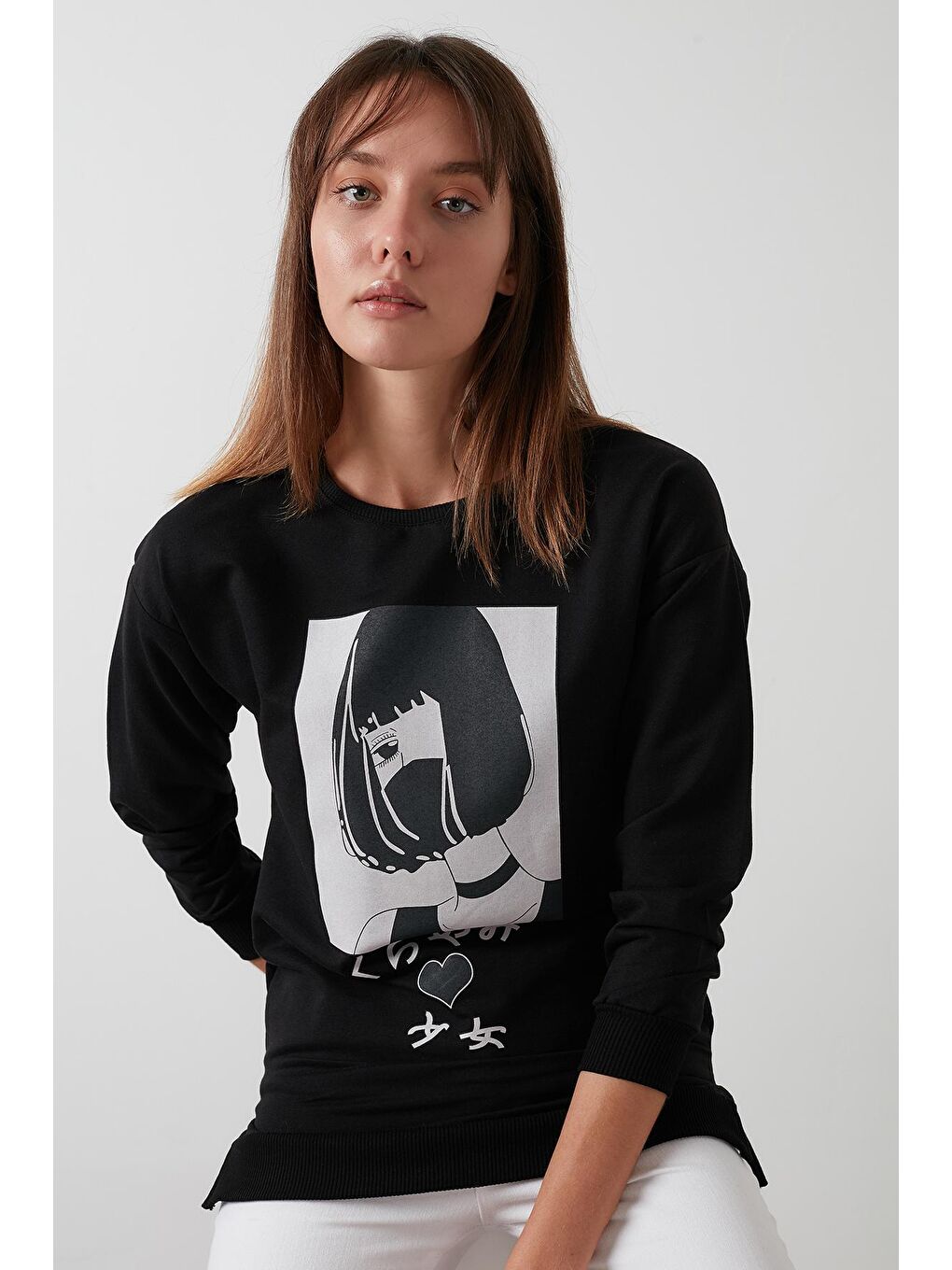 Siyah Pamuklu Baskılı Bisiklet Yaka Örme Tunik 5863849-2