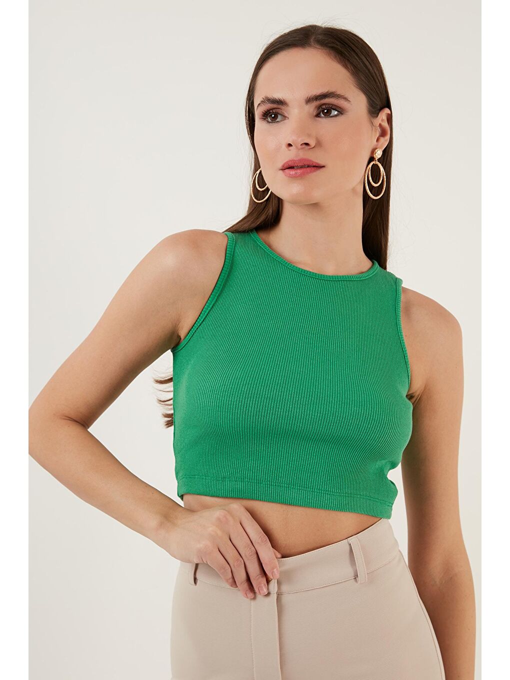 Yeşil % 100 Pamuk Fitilli Super Crop Örme Atlet 5864215-1