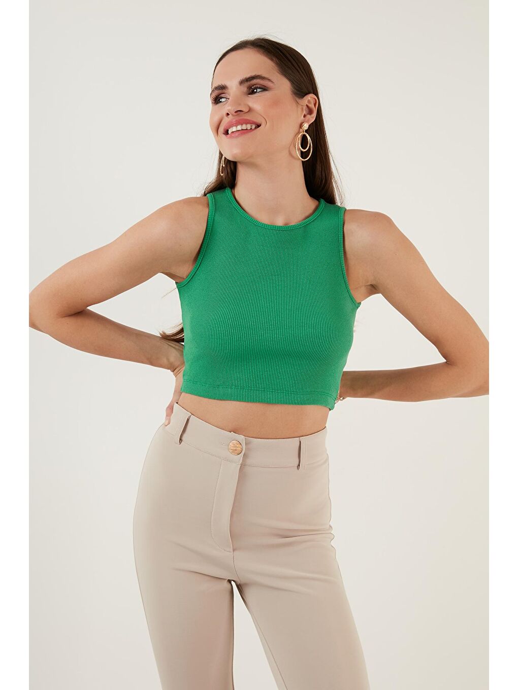 Yeşil % 100 Pamuk Fitilli Super Crop Örme Atlet 5864215-2