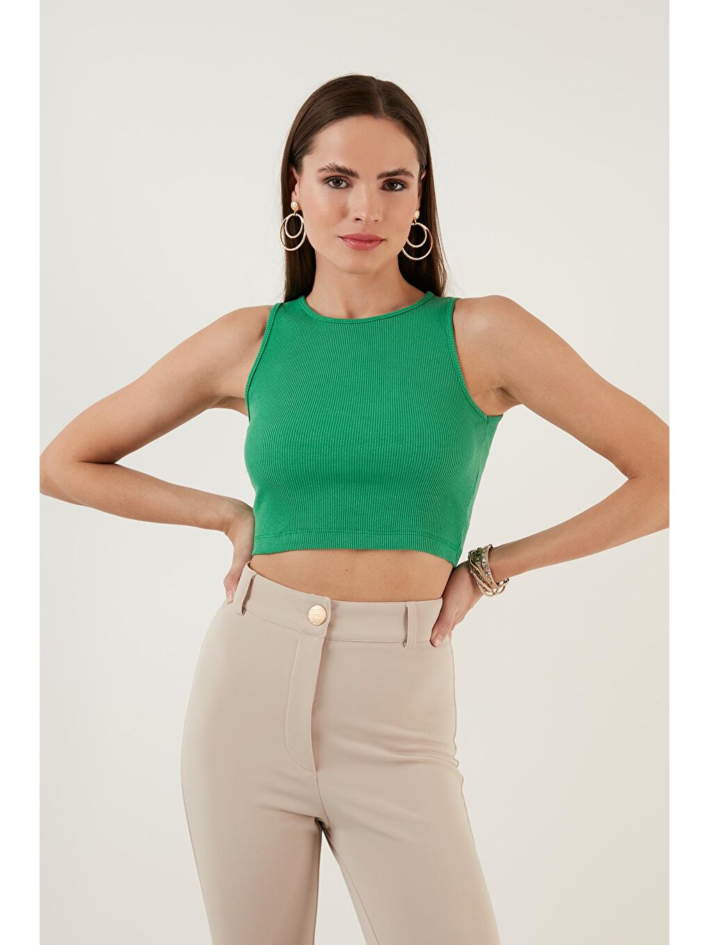 Yeşil % 100 Pamuk Fitilli Super Crop Örme Atlet 5864215-3