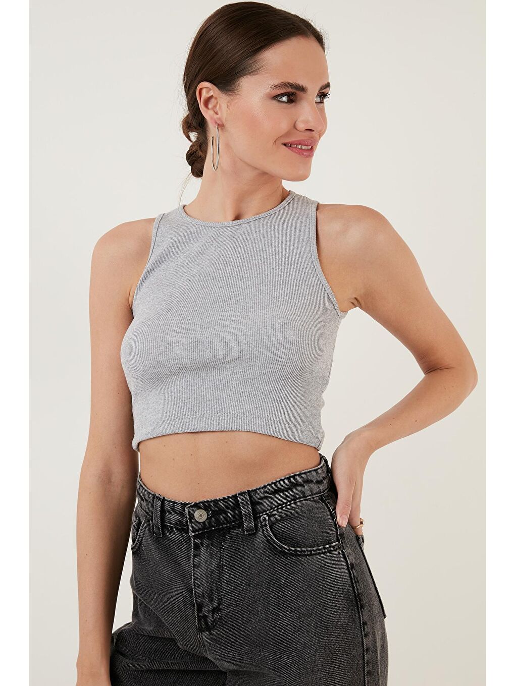 Gri % 100 Pamuk Fitilli Super Crop Örme Atlet 5864215-1