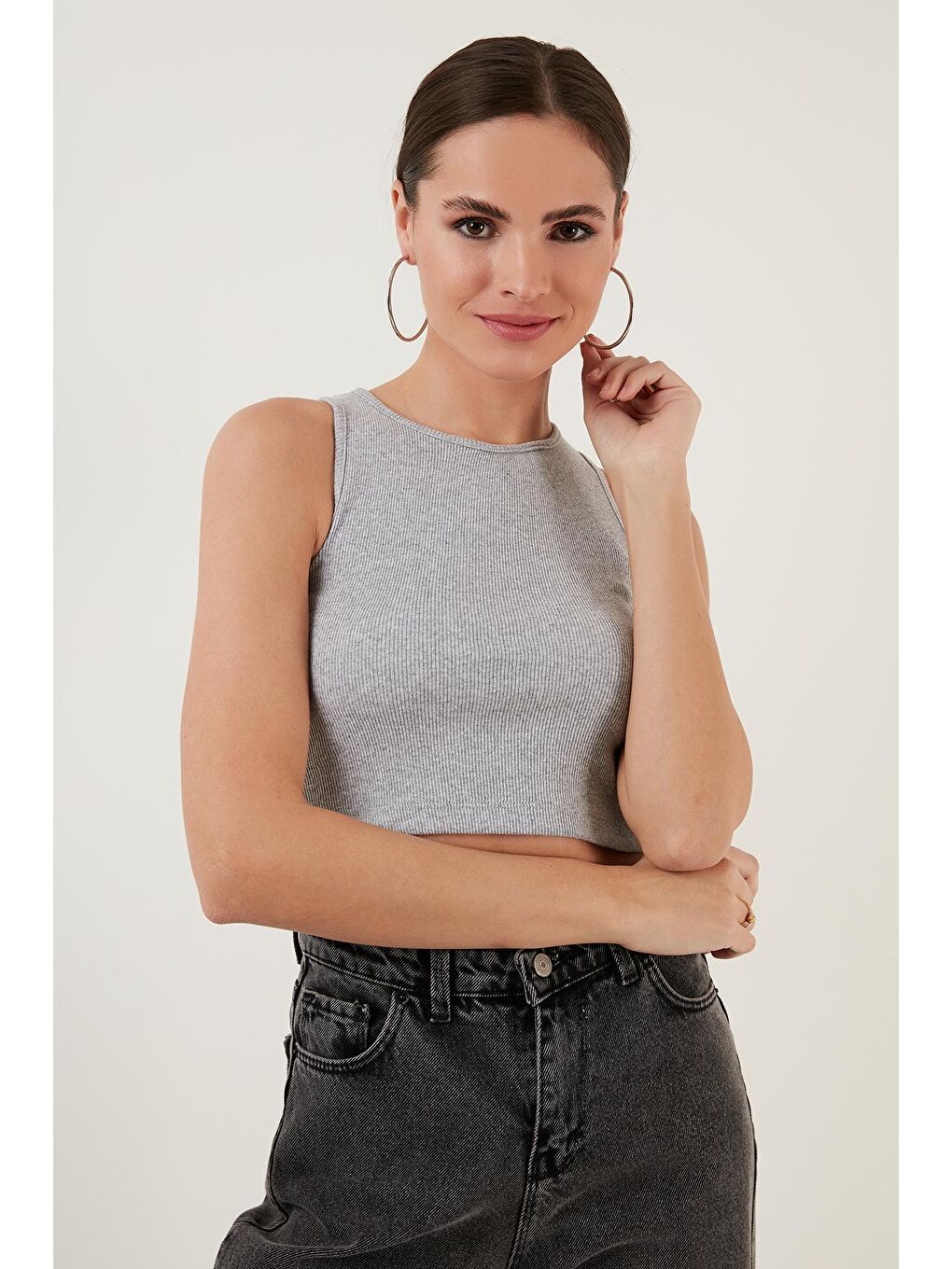 Gri % 100 Pamuk Fitilli Super Crop Örme Atlet 5864215-2