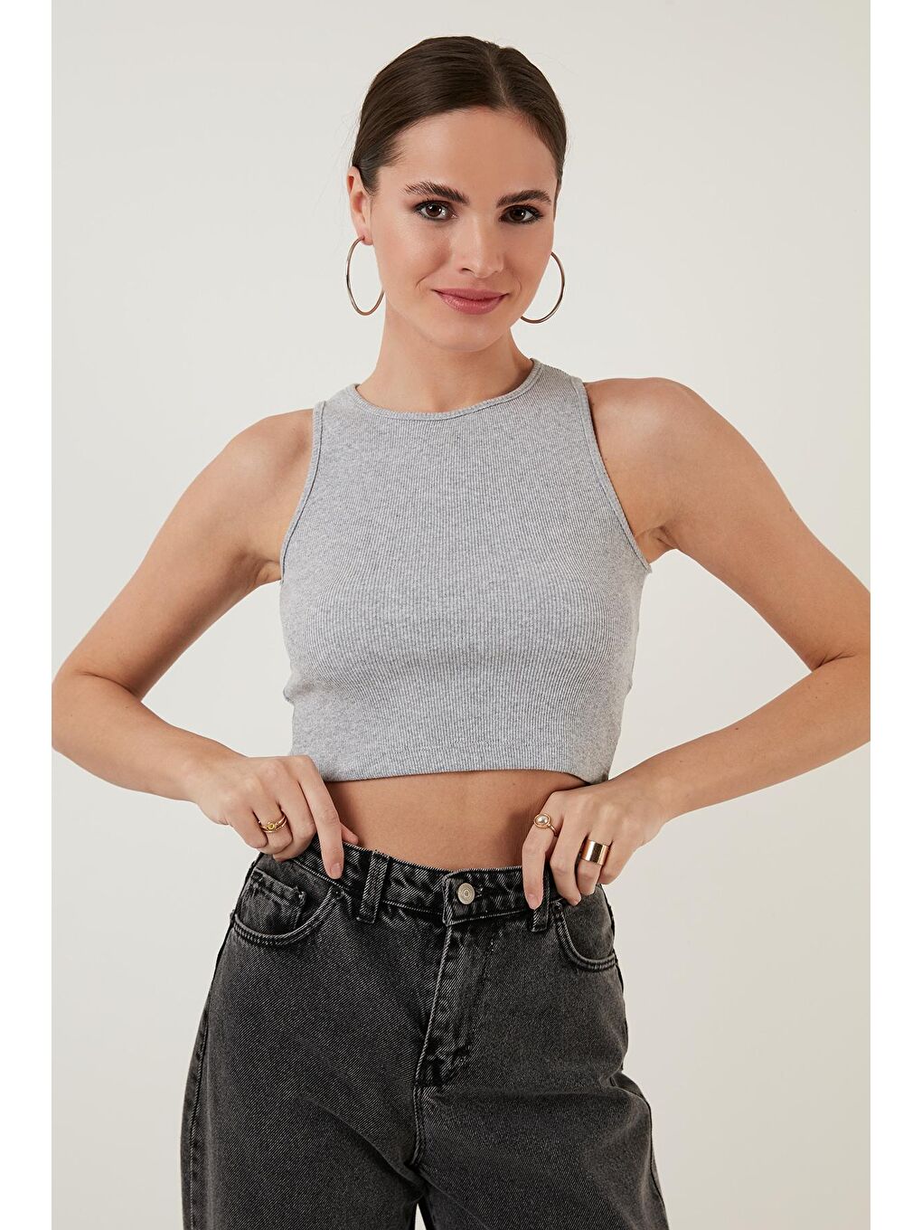 Gri % 100 Pamuk Fitilli Super Crop Örme Atlet 5864215-3