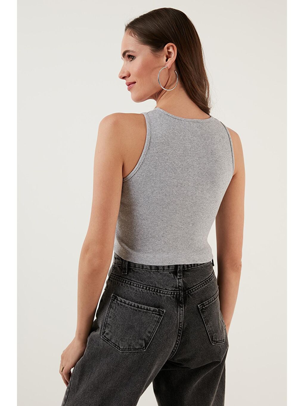 Gri % 100 Pamuk Fitilli Super Crop Örme Atlet 5864215-4